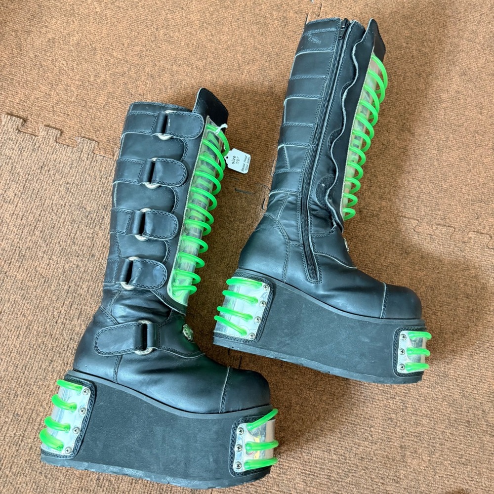 Demonia Pleaser Techno-850UV Boots Black Neon Green Cyber Goth Platform Womens 7 - Picture 9 of 16